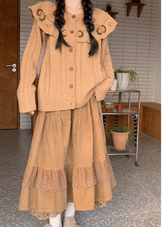 كبيرة الحجم النساء الخريف موضة تنوعا الرجعية المطرزة سترة سترة عالية الخصر ألف خط فضفاض الكورية الحد من العمر تنورة