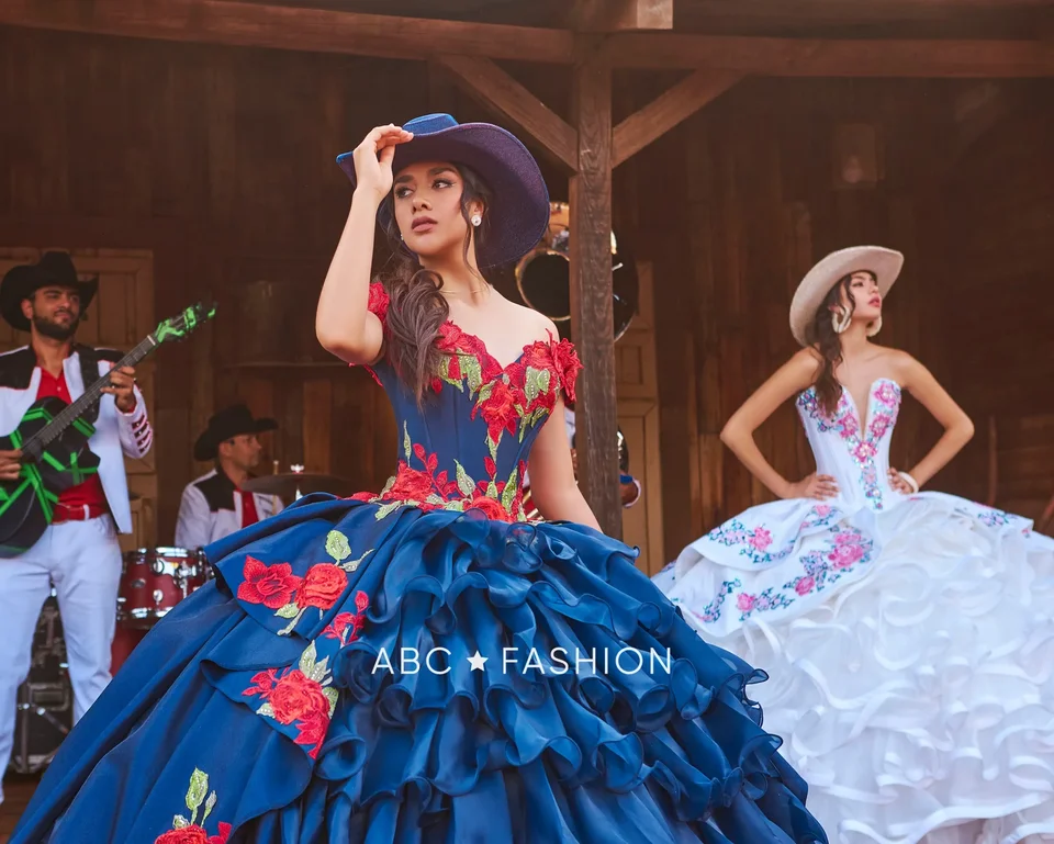 red and blue quince dresses Sweet 16 boutique