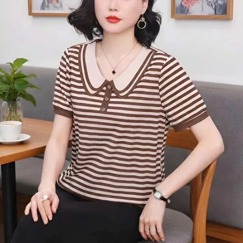 Women Striped Peter Pan Collar T Shirt Short Sleeve Loose Slim Tops For Middle Aged Moms Summer