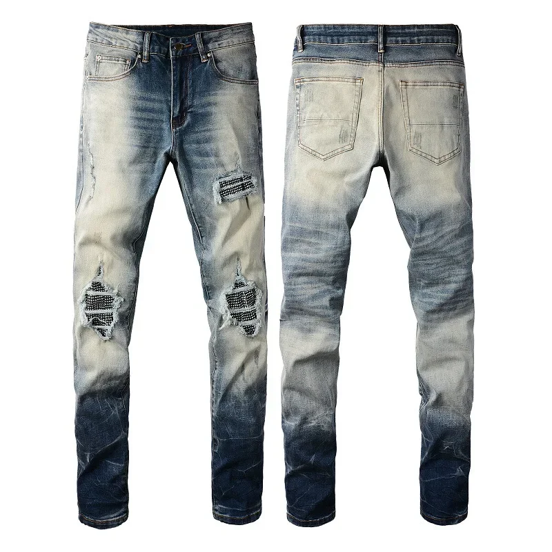 European and American High Street Men's New Style Ripped, Patched and Diamond-inlaid High-quality Slim-fit Jeans.