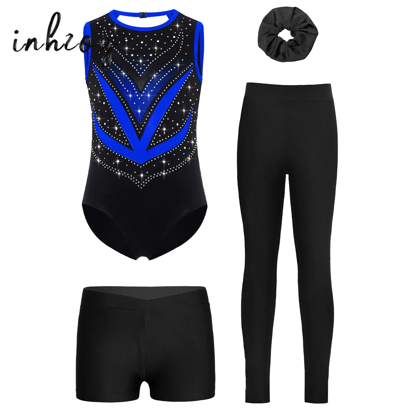 

4Pcs Girls Gymnastics Figure Skating Dance Costumes Crisscross Back Shiny Rhinestones Metallic Leotard+Shorts+Leggings+Headwear