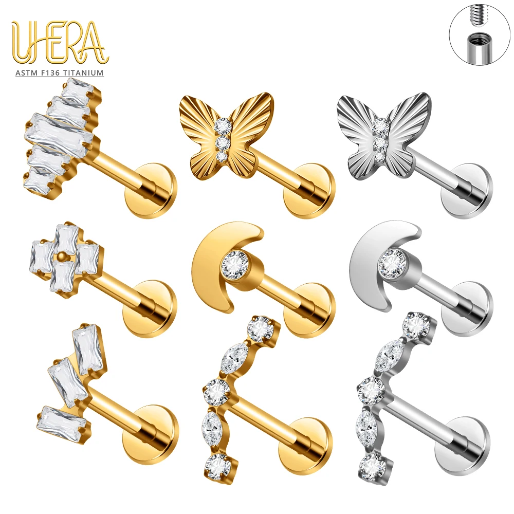 G23 ASTM F136 Titanium Labret Stud Butterfly Moon Top Baguette CZ Internal Thread Cartilage Ear Lip Body Piercing Jewelry