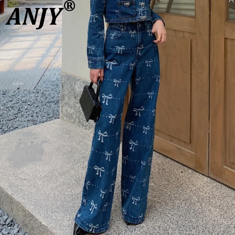 

ANJY Autumn New Women's Bows Decoration Printed Fresh Elegant Trend Wide-Leg Jeans Fashionable Versatile Chic Denim Pants A11034