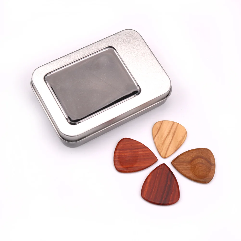 1 Set/5 Pcs Iron Case and Wooden Guitar Pick Guitar Pickup Accessories Box Guitar Pick Collection Holder Storage Box (Box and 4