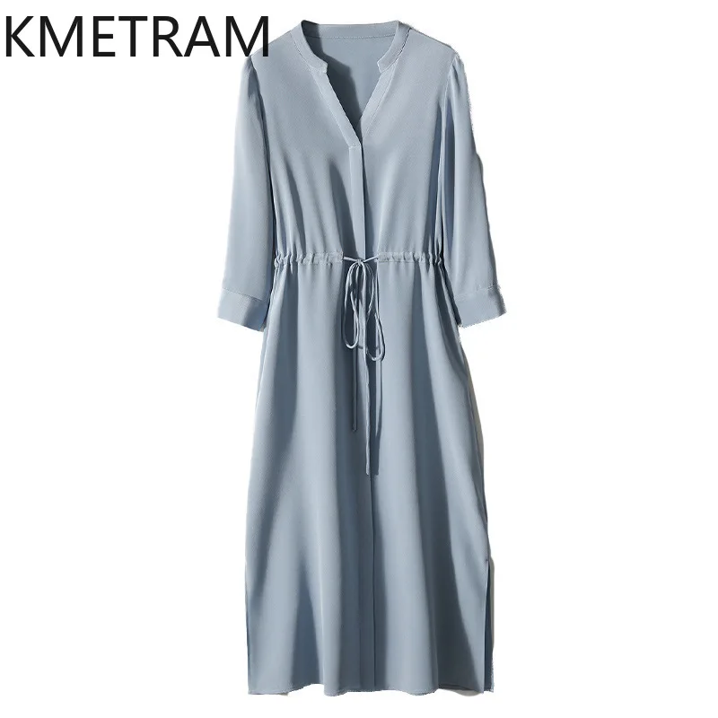 

KMETRAM Mulberry Silk Dress for Women 2024 V-neck Mid-length Dresses Summer High Waist A-Line Skirt Sukienki Damskie Letnie