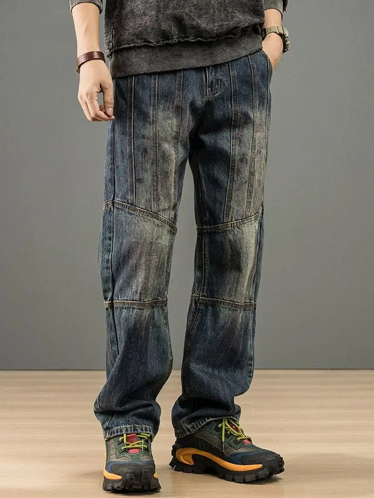 

Спецодежда в стиле ретро, лоскутные потертые повседневные джинсы, мужские свободные прямые брюки, модные американские брендовые осенне-зимние брюки