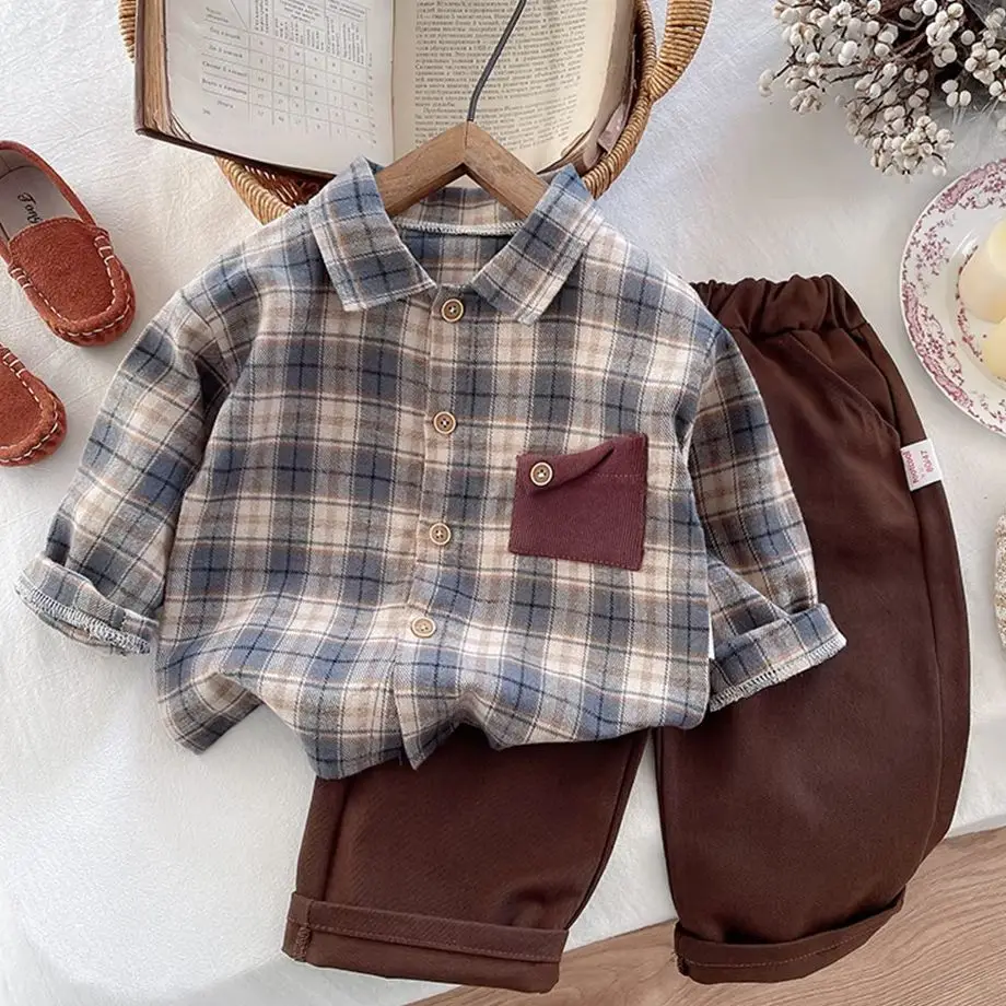 

Осенняя одежда для маленьких мальчиков, клетчатая рубашка с длинными рукавами для малышей + штаны, детские костюмы из 2 предметов, комплект детской одежды, детская одежда для детей 0-4 лет
