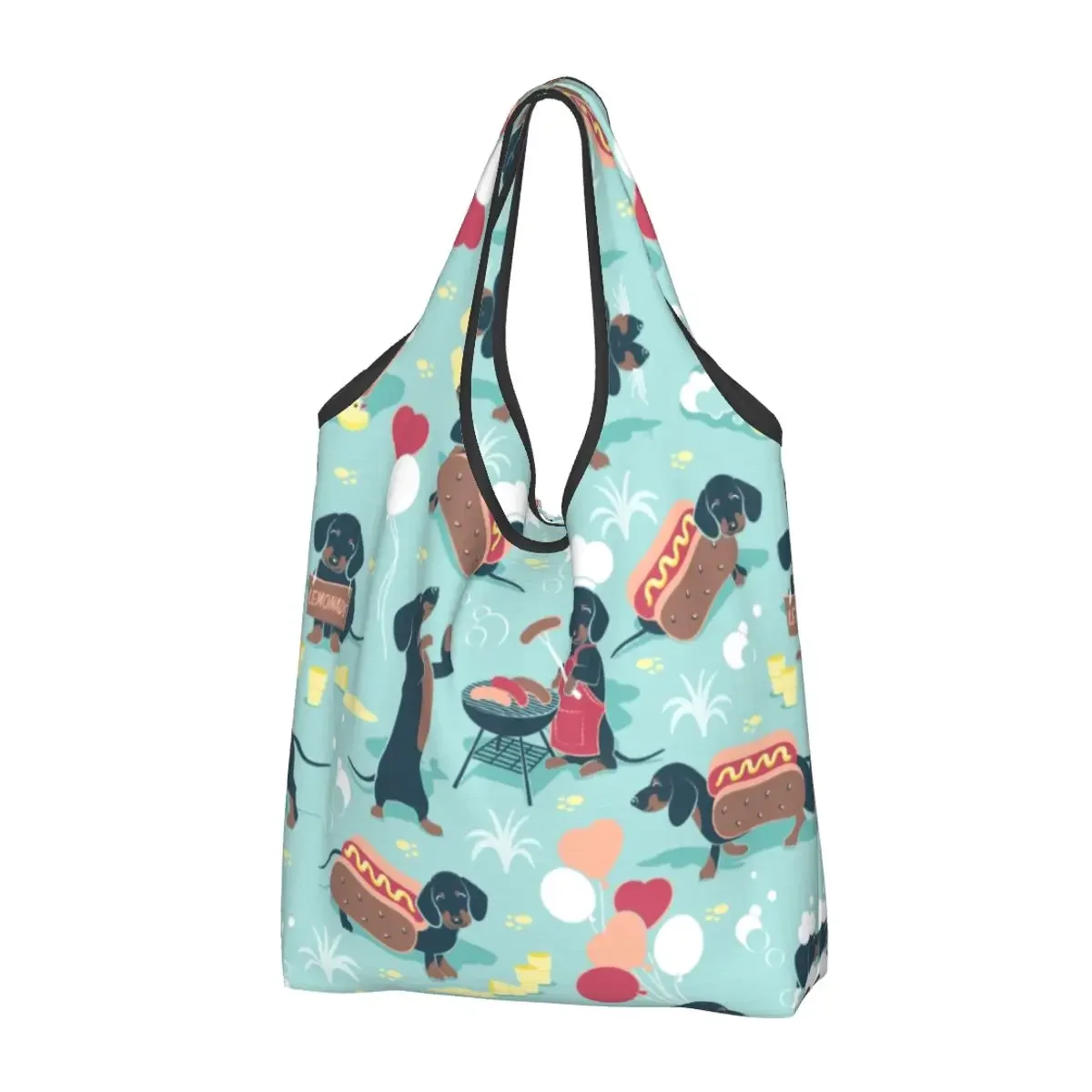 Reusable Funy Hot Dogs Dachshund Shopping Bag Women Tote Bag Portable Sausage Wiener Badger Groceries Shopper Bags