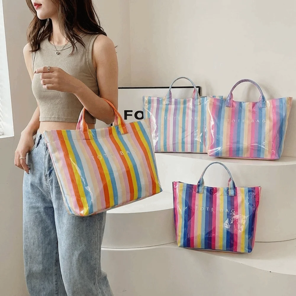 

New Fashion Waterproof Striped Tote Bag Colorful Patchwork PVC Handbag Rainbow Glossy Polyester Shoulder Bag Fitness
