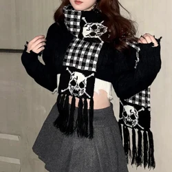 Punk Dark Style Y2k Girls Subculture Harajuku Thick Warm Knit Scarf Skull Wrap for Women Men Goth Black White Vintage Scarves