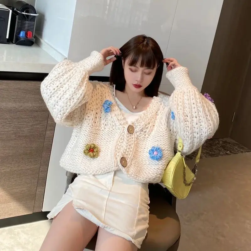 Autumn Winter  Womens Handmade Flowers Knitted Cardigan Sweater Coat