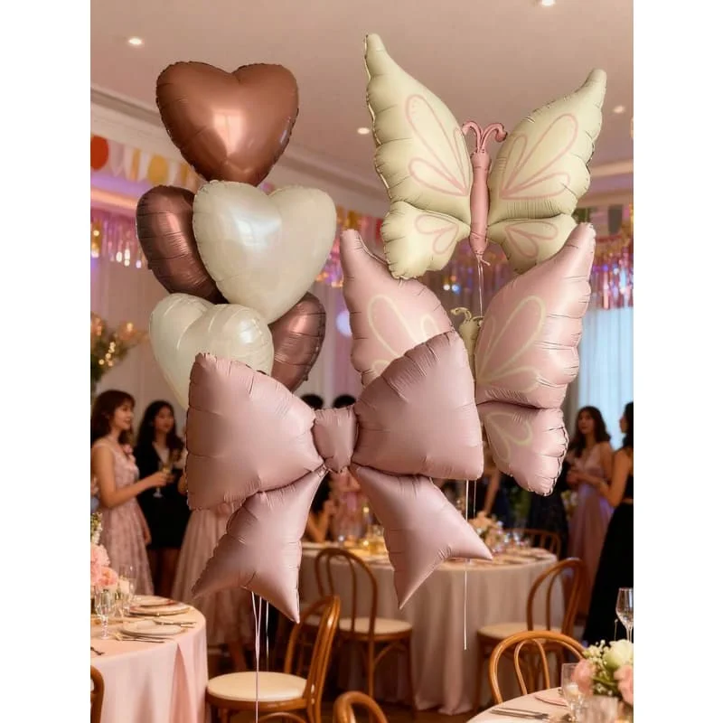 8 Ballons en Aluminium Papillon Rose Crème 18 Pouces, Ballons Cœur Vintage à l'Hélium avec Ruban pour Décoration de Fête d'Anniversaire ou de Mariage