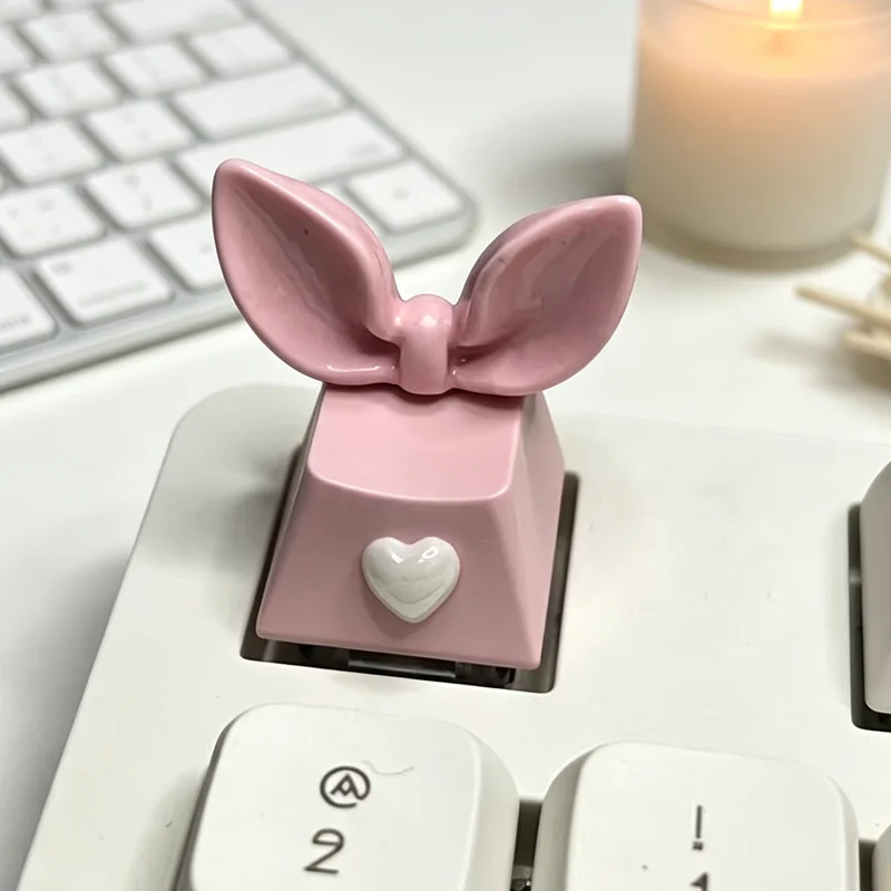 1pcs DIY Customized Bow Rabbit Ear Keycap for Cross Axis Game Pink Mechanical Keyboard R4 Key Cap
