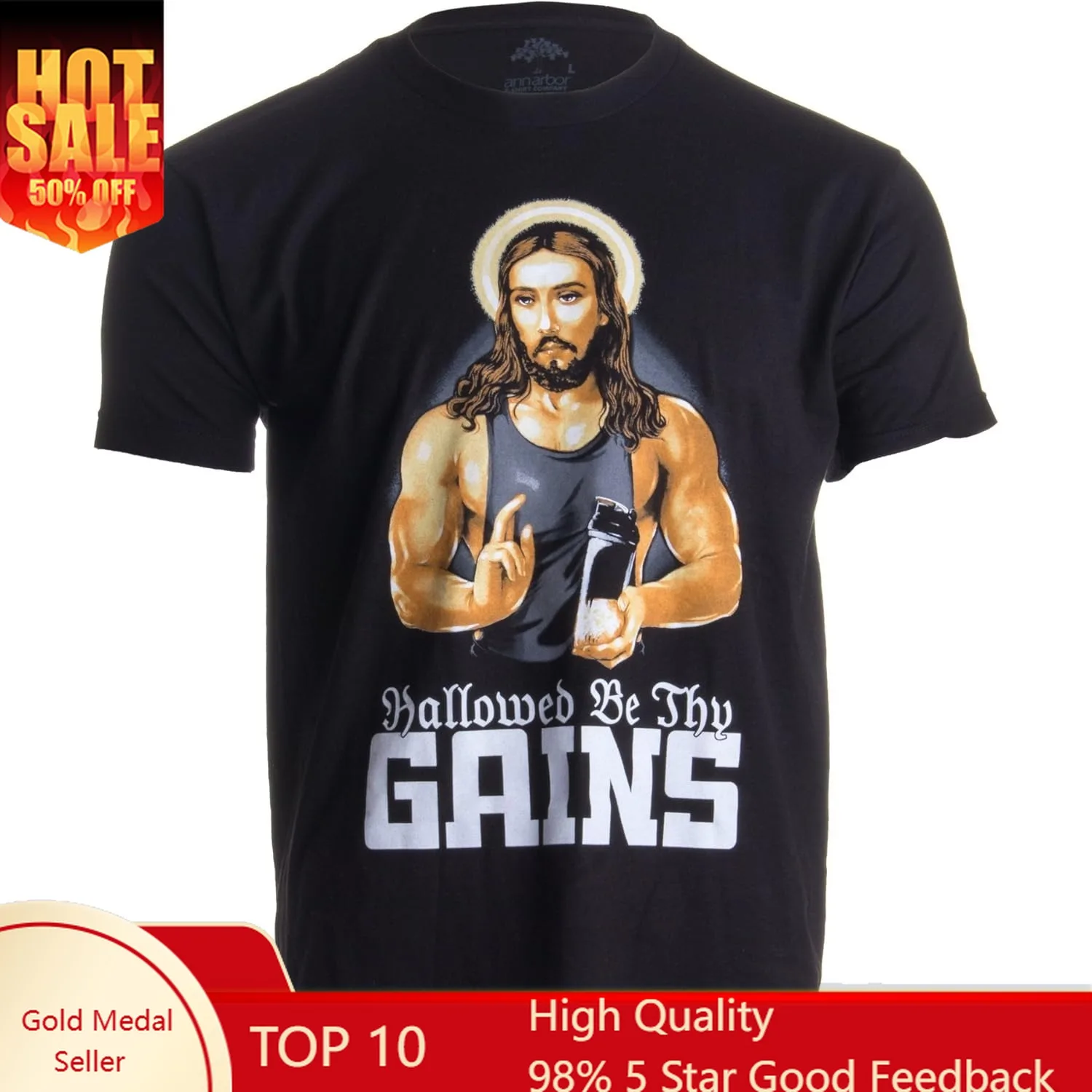 Hallowed Be Thy Gains | Funny Muscle Jesus Weight Lifting Work Out Humor T-Shirt