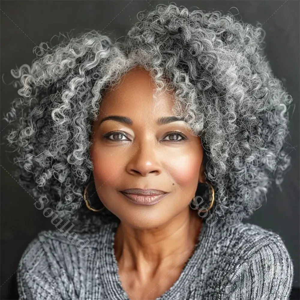 

Soul Lady Silver Gray Jerry Curly V-Part Glueless Wigs Salt and Pepper Short Bob Real Human Hair For Women Over 50s