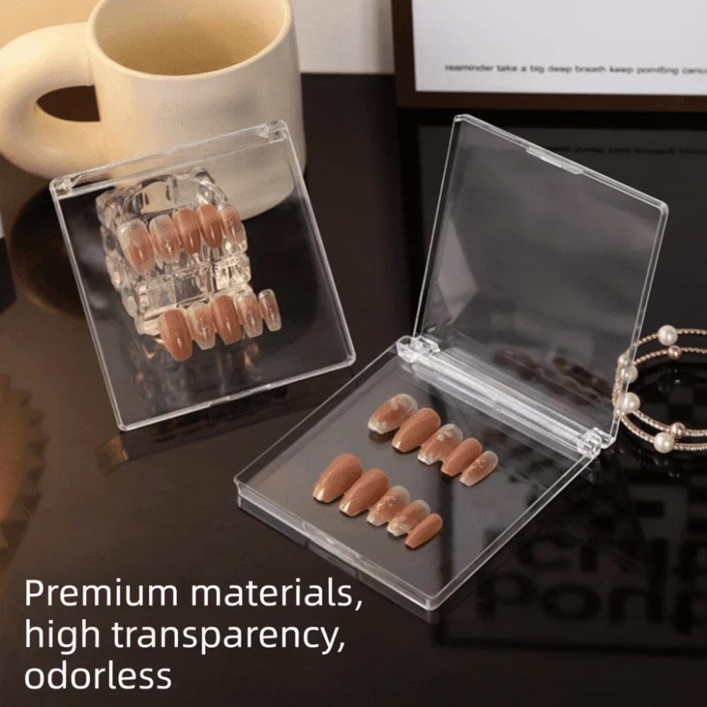 1pcs Transparent Acrylic Flip-top Nail Storage Boxes with Adhesive Sheets Square Nail Packaging Case Dust-proof Empty Nail Boxes
