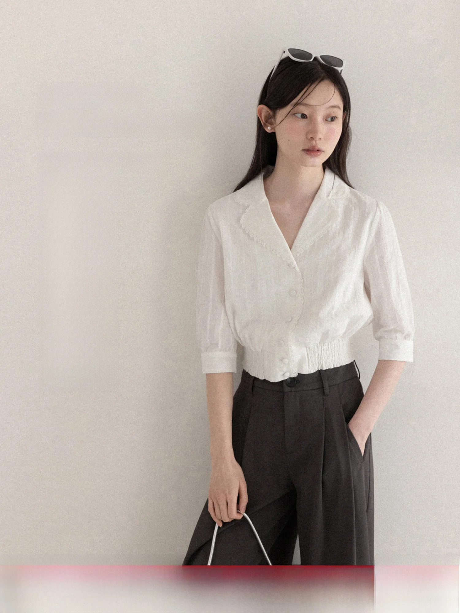 

White V-Ne Lace Trim Midi Sve irt Women's Spring 2026 ort Waist-Cinching Casual Sle Cotton Blend Top