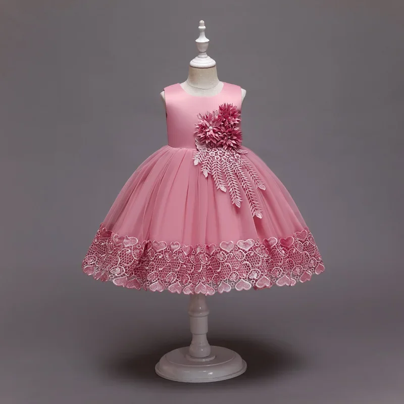 White Wedding Birthday Gown Lace Tutu Princess Dress Floral Embroidery Girls Children Clothing Kids Party for Girl Clothes