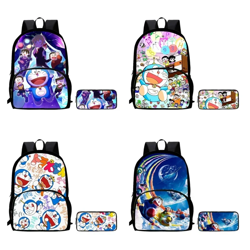 2Pcs Set Mochila Anime D-Doraemon School Backpack with Front Pocket for Pupil Student ,Large Cartoon School Bags for Girls Boys