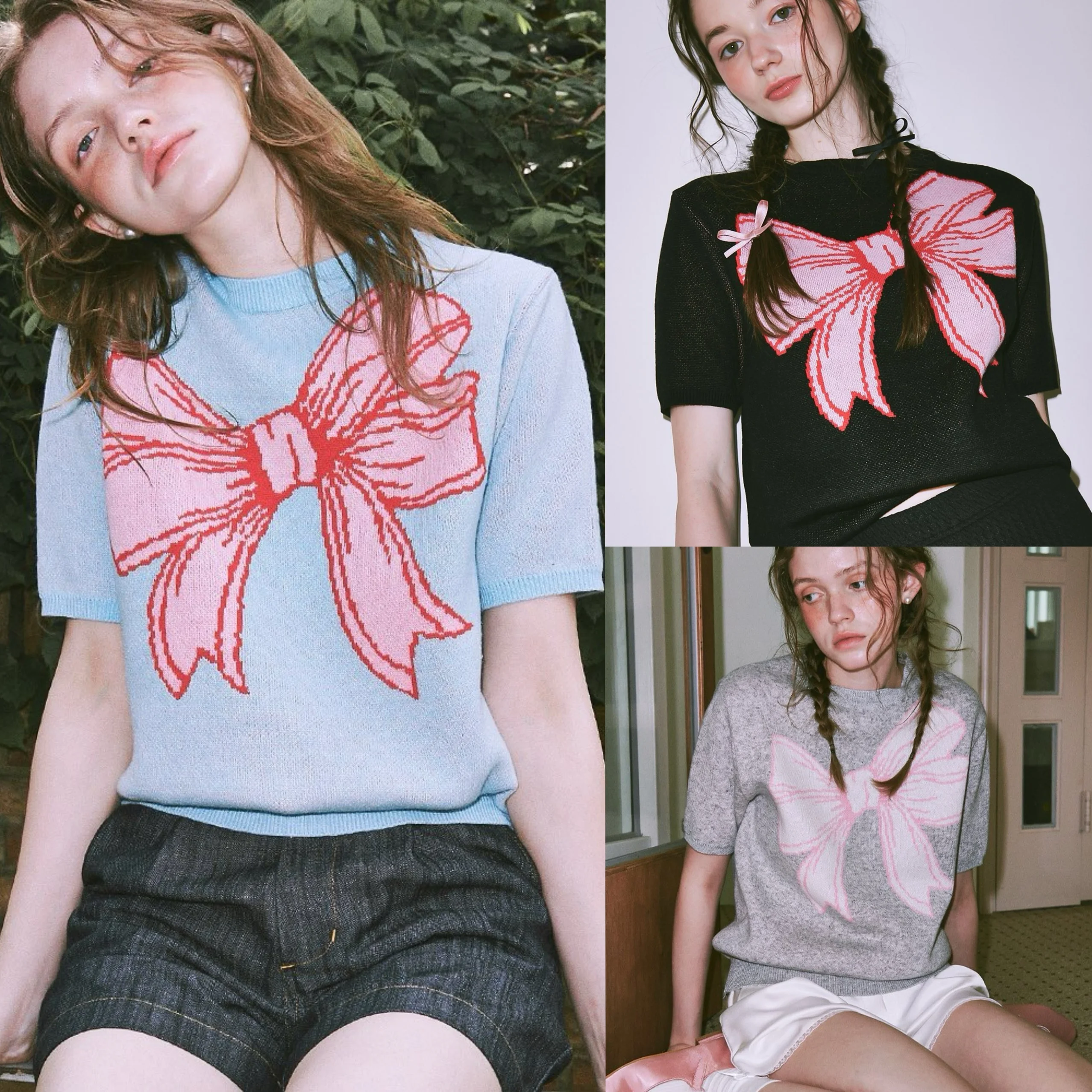 

Милый вязаный топ с короткими рукавами и круглым вырезом, с большим бантом, для маленьких девочек, из полиэфирного волокна, в нежном стиле, весенняя мода