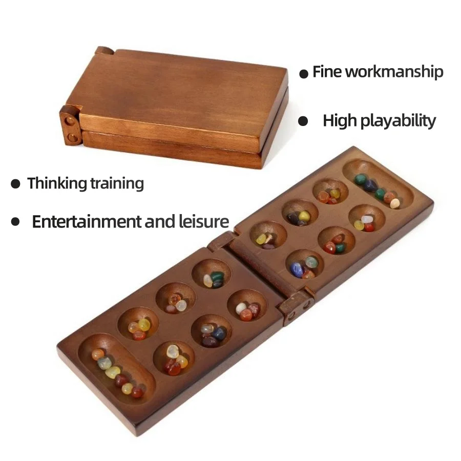 Ancient Mancala African Chess: The solid wood chess set is paired with exquisite stone granules and is an essential board games