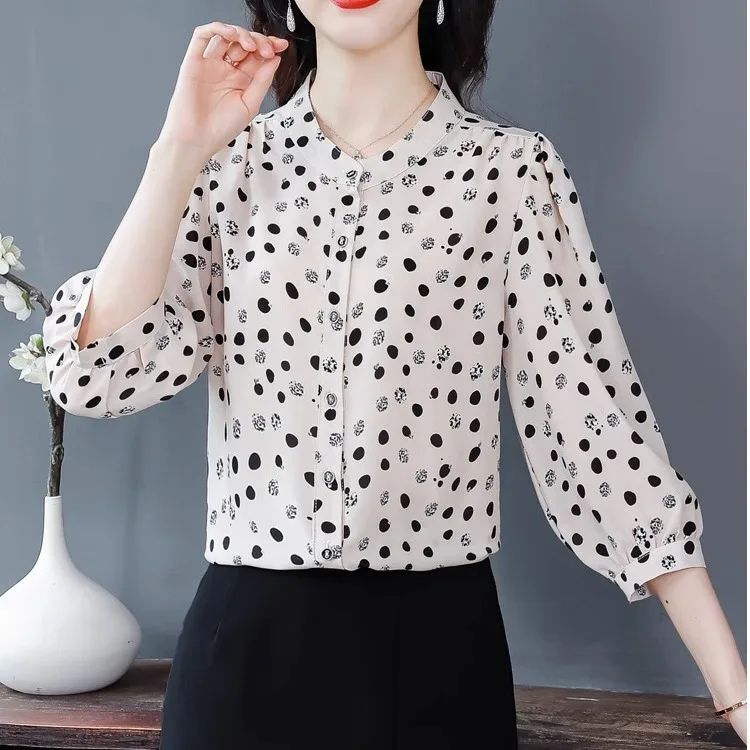 Fashion Floral Chiffon Shirt Women's New Summer 3/4 Sleeve Top Mom's Round Collar Print Bottoming Blouse M-5XL