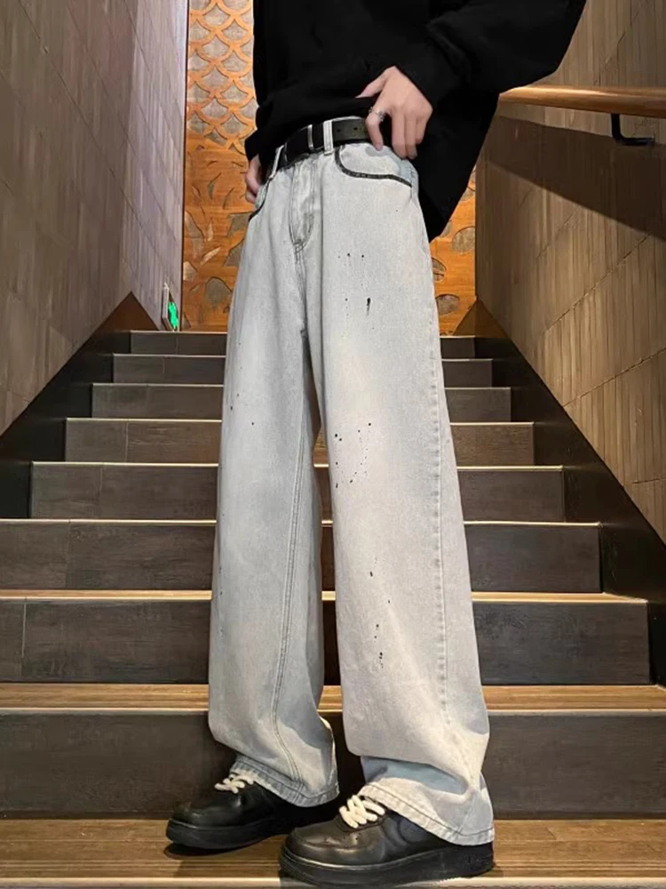 

Smoke Grey Splatter Denim Jeans Men's Loose Straight Leg Wide Leg Pants 2024 New Autumn American High Street Vibe Pants