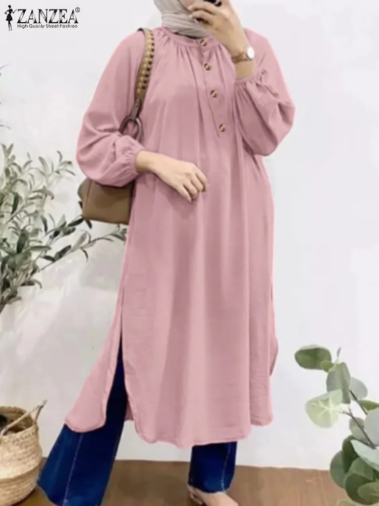 Elegant Women 3/4 Sleeve Split Hem Long Shirt ZANZEA Autumn Abaya Hijab Tops Tunic Fashion Islamic Clothing Solid Muslim Blouse