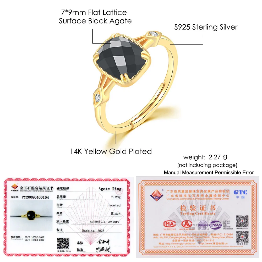 LAMOONแหวนเงิน925สำหรับผู้หญิงสีดำธรรมชาติAgaleแบนตาข่ายพื้นผิว14K Gold Plated Fine Jewlerly LMRI109