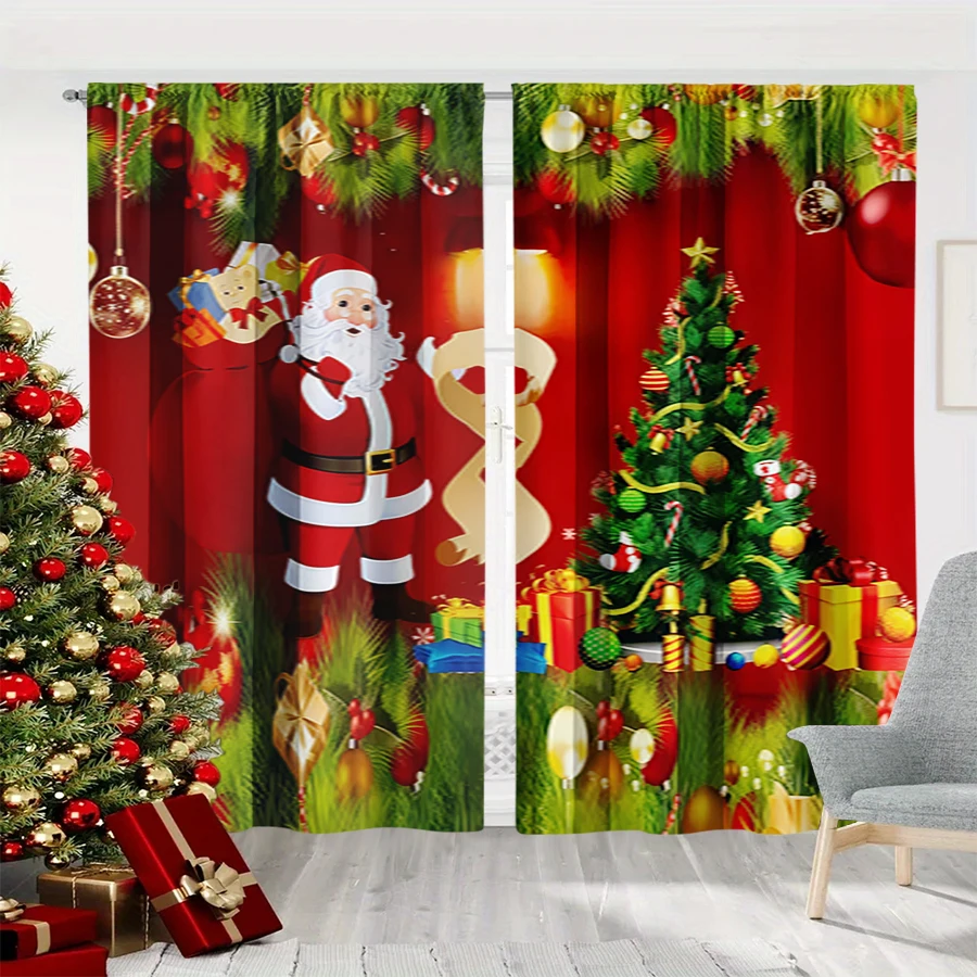 2PCS Red Santa Claus Christmas Print Curtains, Xmas Tree Gift Pine Branch Window Drapes for Holiday Bedroom Living Room Decor