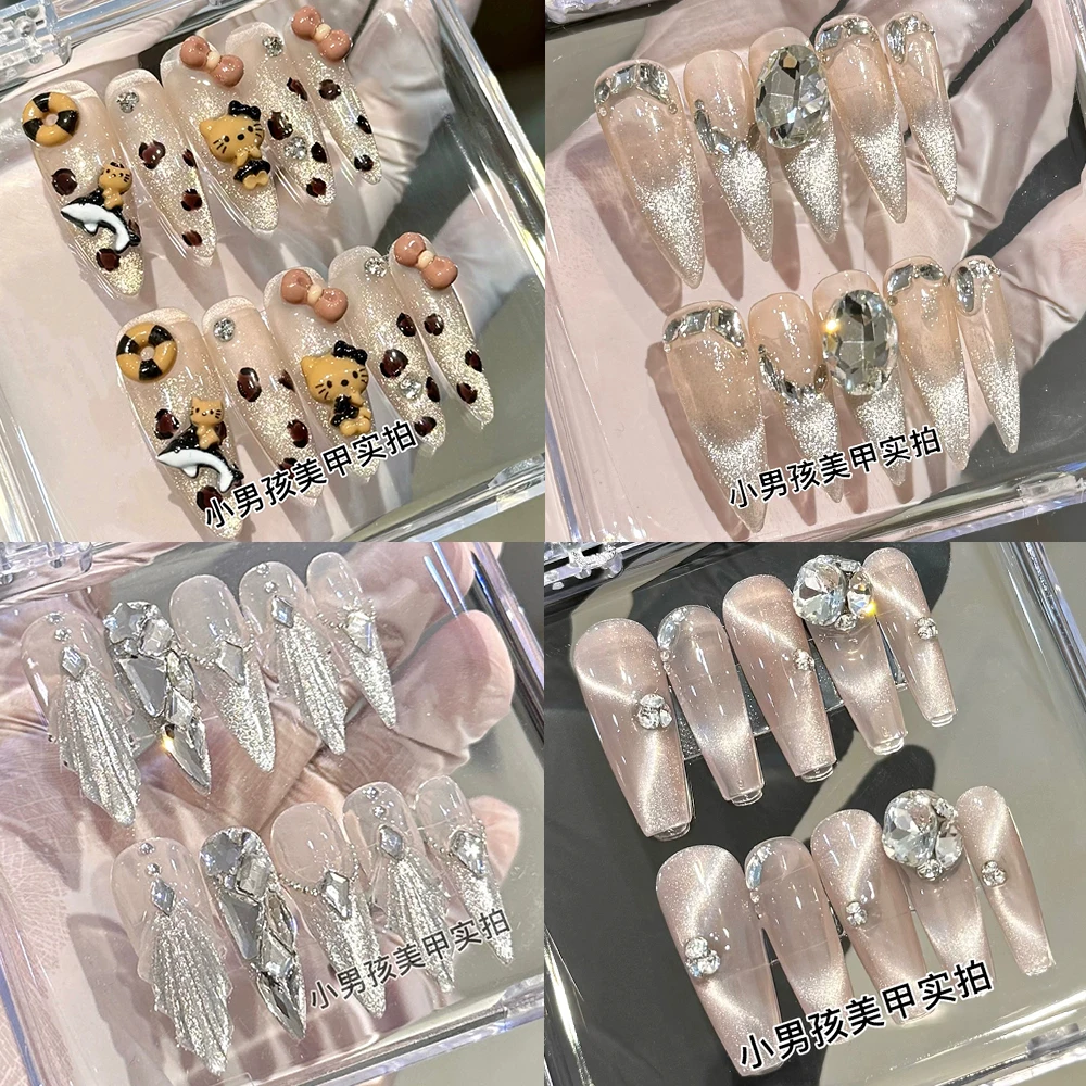 

10Pcs Color Flash Cat's Eye Series Handmade Press On Nails Rhinestone Hello Kitty Leopard Print Butterfly Removable False Nails