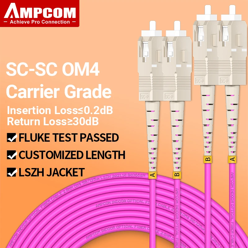 

AMPCOM OM4 SC to SC UPC Fiber Optical Patch Cable Multimode Duplex MMF 50/125μm 40Gbps Bend Insensitive 2.0mm Fiber Optic Cord