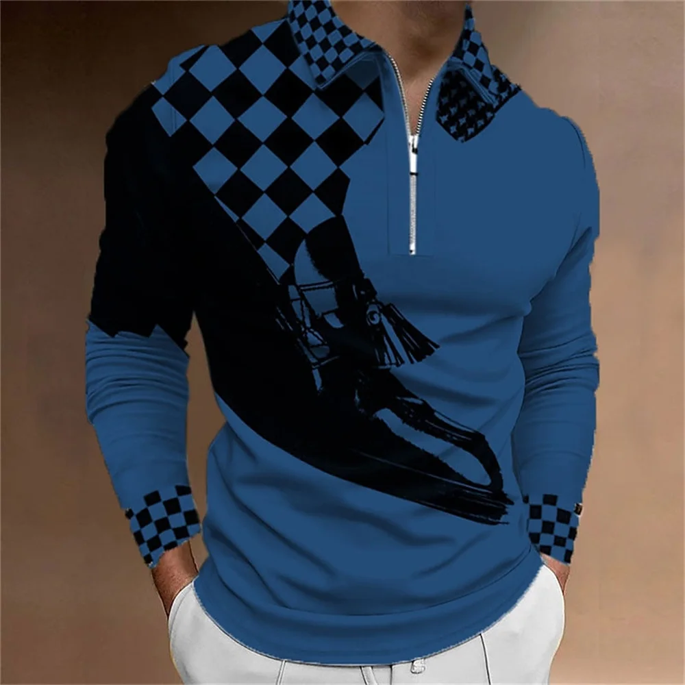 Men\'s Polo Shirt Golf Shirt Plaid Prints 3D Print Street Long Sleeve Zipper Clothing Apparel Sports Fashion Streetwear Designer