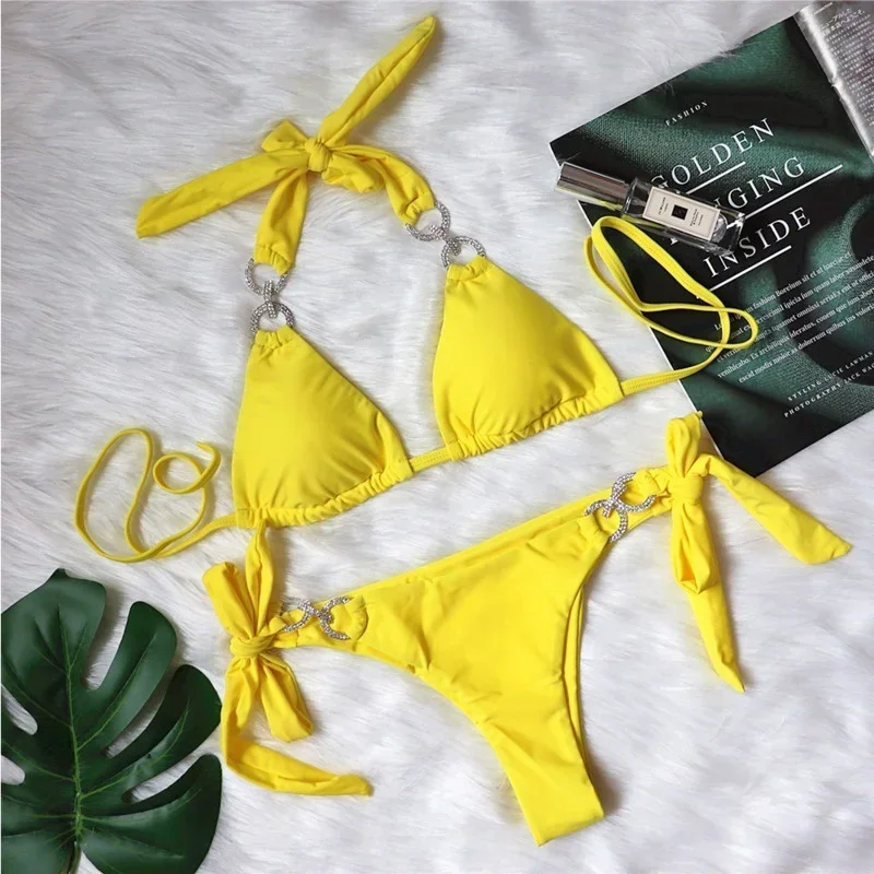 

Yellow Sexy Bikinis 2024 Women Solid Color Swimwear Female Swimsuit Swim Beachwear Bathing Suit Brazilian Bikini Set Pool Bather