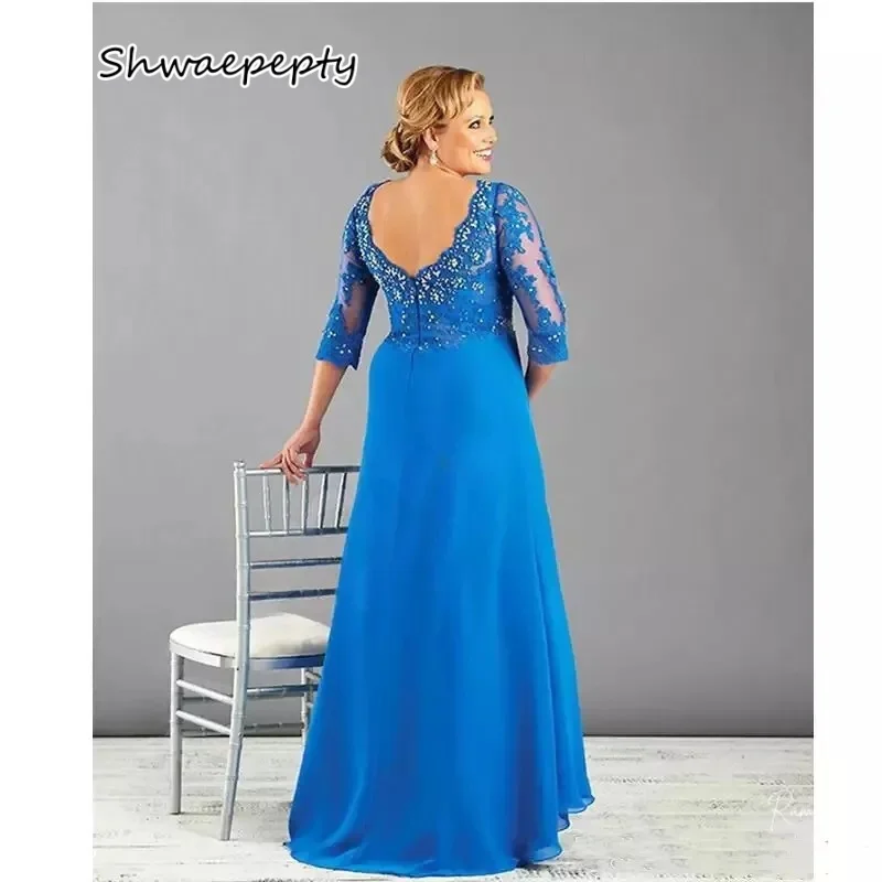 Elegante azul longo mãe da noiva vestido com decote em v rendas apliques frisado noivo mãe formal wear personalizado vestido de festa de casamento