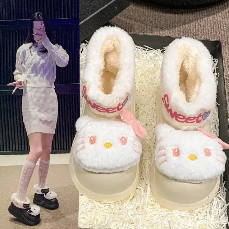 Dulce MINISO Anime Kawaii Ins moda Hello Kitty zapatos de algodón invierno lindo dibujos animados botas de nieve cálidas regalos juguetes para niños