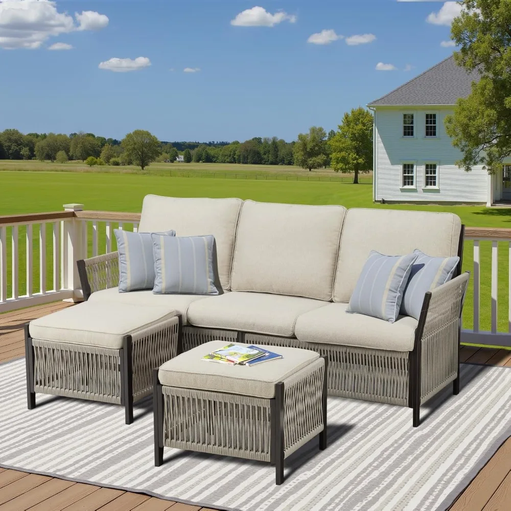 

Patio Furniture Sofa Set, All Weather Rattan 3 Seater Sofa with Ottomans Removable Cushions, Wicker Outdoor Conversation Sets