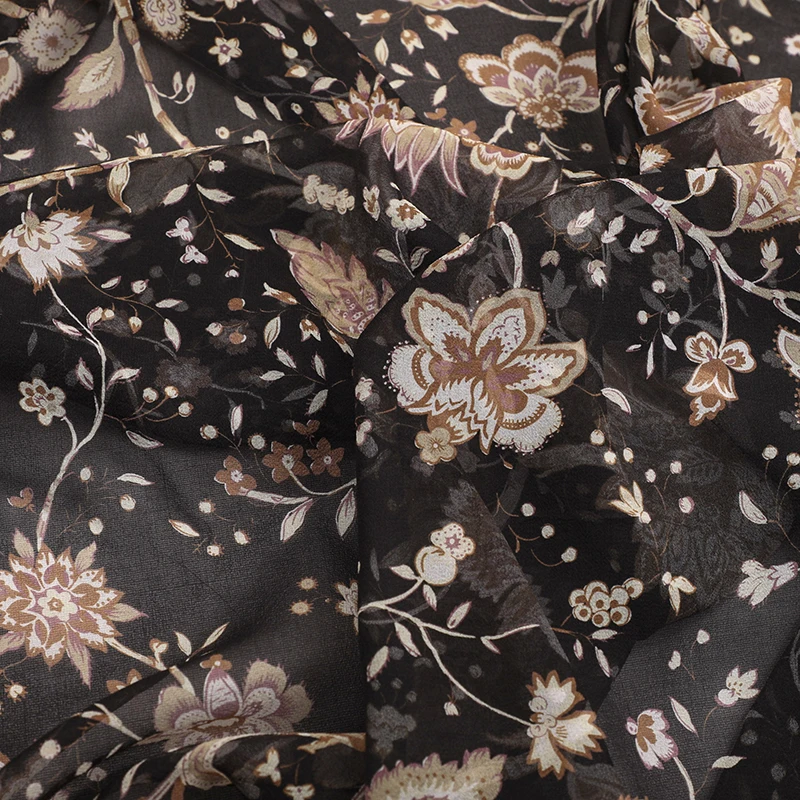 Summer Thin Fabric,135CM Wide 10MM Floral Printed on Brown Silk Georgette for Dress Pants Cheongsam, Soft Silk Fabric R256