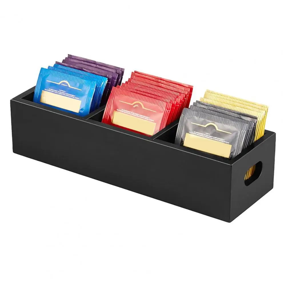 Wooden Tea Storage Box Wooden Tea Bag Storage Box with 3 Compartments for Different Flavors Stylish Sugar Packet for Countertop