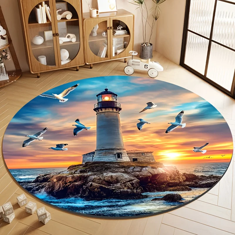 Beach Evening Glow Theme with Lighthouse and Seagull Round Rug, Soft Velvet, and Washable, with Colorful Sparkle Effect, Suitable for Living Room, Entrance Hall, Bedroom, Shop Home Business Decoration, Camping, Picnic Mat