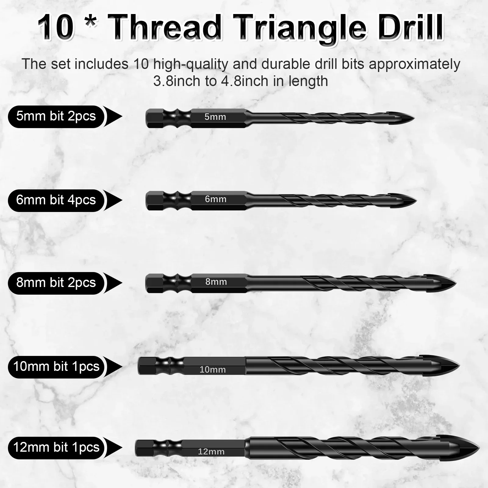 1/4inch Hex Drill Bit Set 5/6/8/10/12mm Carbide Masonry Multifunction Drill Bit for Concrete Glass Ceramic Tiles Drilling Hole