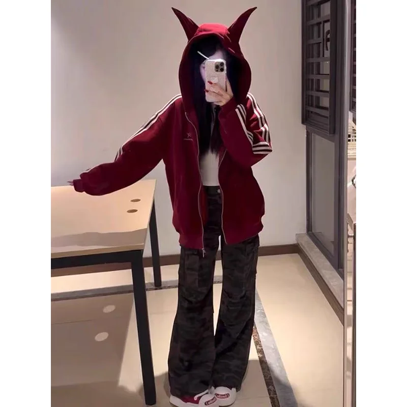 

Бордовая женская толстовка с длинными рукавами, мягкая, свободного кроя, в стиле хип-хоп, уличная одежда, хлопковая куртка средней длины в корейском стиле