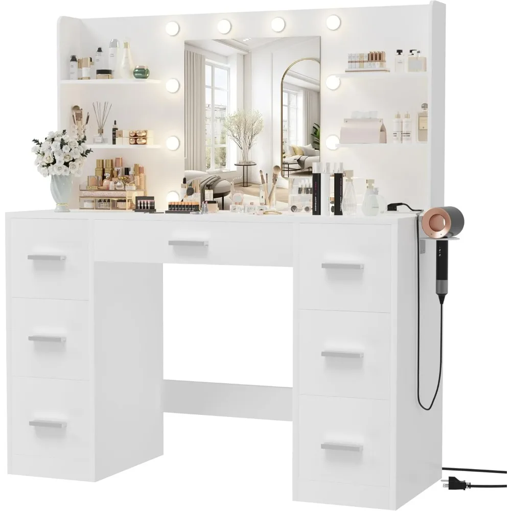 Furmax Vanity Desk avec miroir LED lumières prise de courant maquillage vanité Table 7 tiroirs 6 éta
