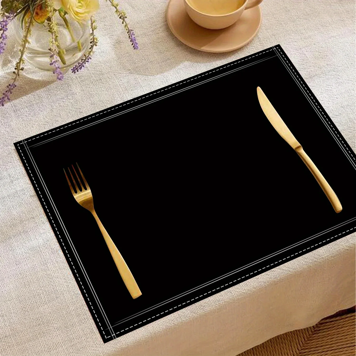 VIKAMA 4/6pc Pure Black Linen Placemat, Table Mat, Kitchen Dining Room, Minimalist Design Home Decoration