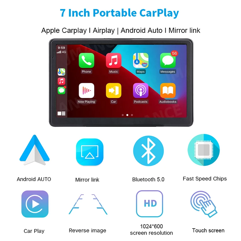 7 Inch Touch Screen Portable Wireless CarPlay Linux OS Multimedia Audio for cars Truck