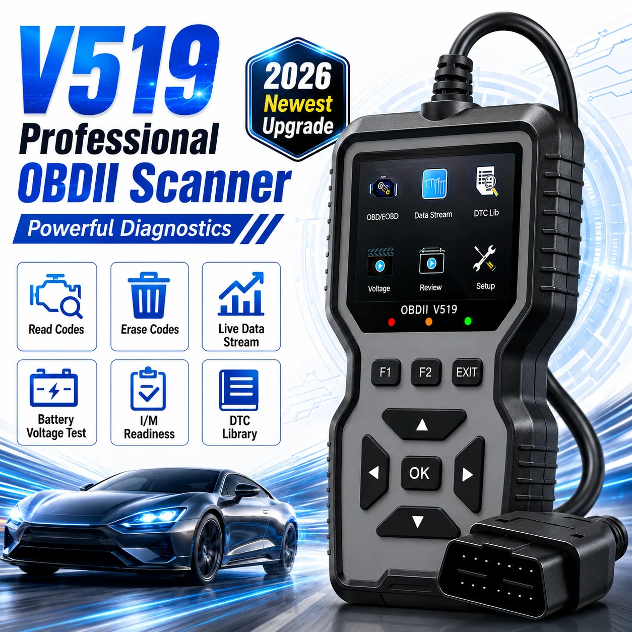 Scanner Automotivo Profissional OBD2 V519 2026 - Ferramenta de Diagnóstico Automotivo Alimentada por USB com Fluxo de Dados em Tempo Real, Testes OBD II Completos (I/M Ready, BOD2/EOBD), Limpa Luzes de Avaria do Motor, Lê/Elimina Códigos para a Maioria do