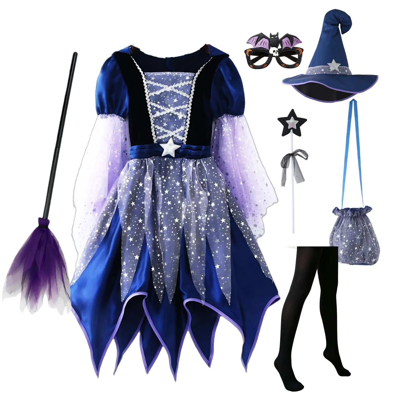 Girls  Blue Star Tulle Witch 4PCS Costume Dress+Wizard Hat+Magic Wand+Bag Kids Halloween Wizard Cosplay God Mother Fairy Apparel
