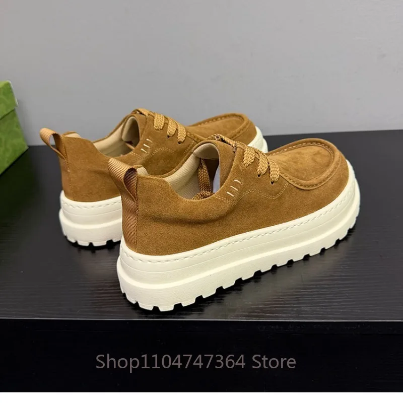Men's Cow Suede Lace Up Thick Soled Board Shoes Youth Male Casual Outdoor Walking Comfortable Sneakers Flats Work Shoes