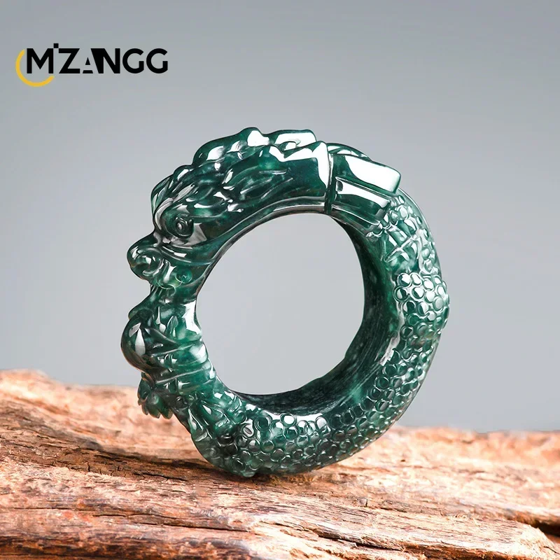 High-grade Myanmar Jadeite Disc Dragon Ring Three-dimensional Carved Ice Jade Ring for Men Fashion Jewelry Mascot Gift