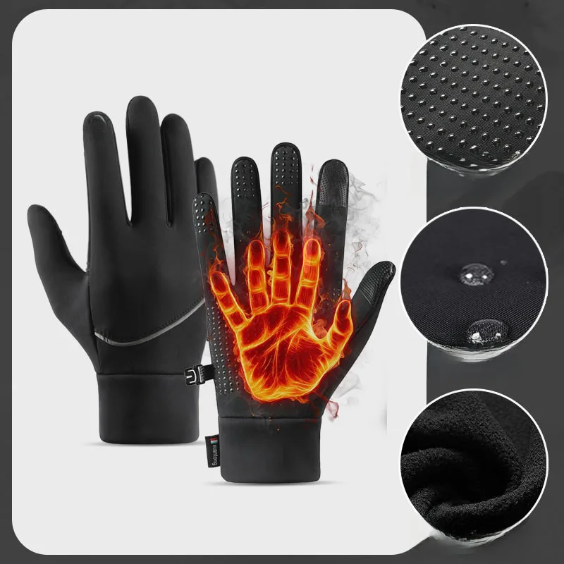 

1Pair Men Women Non-slip Palm Touch Screen Windproof Waterproof Thermal Warm Sports Cycling Black Gloves Adding Fleece, Grey